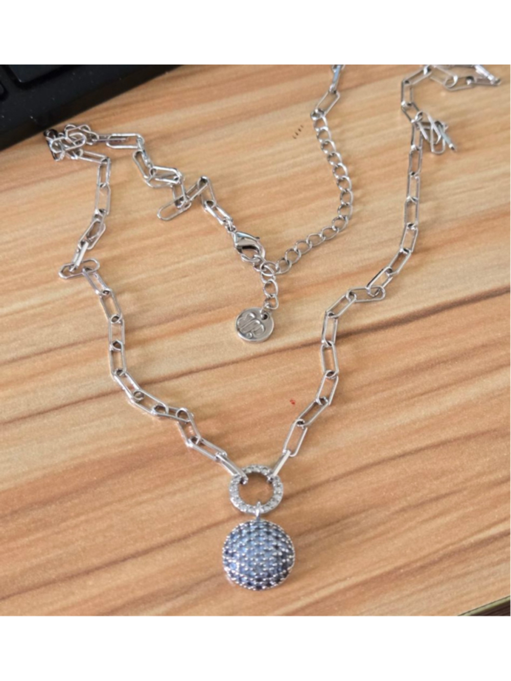 Bomb Party Necklace Silvertone Paperclip Chain Link Blue Pave Ball Pendant 20"